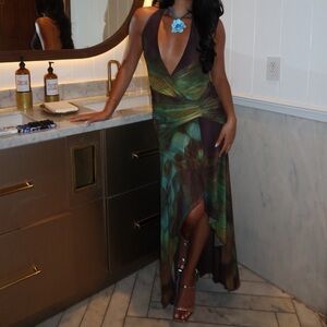 Green Brown Halter Wrap Maxi Dress